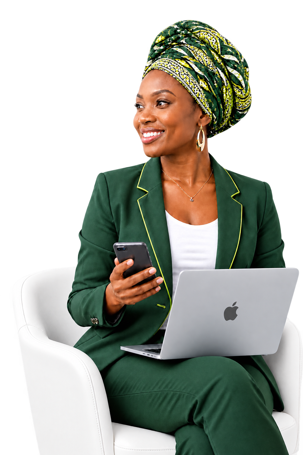 Professional woman in a green suit using an Apple laptop and smartphone